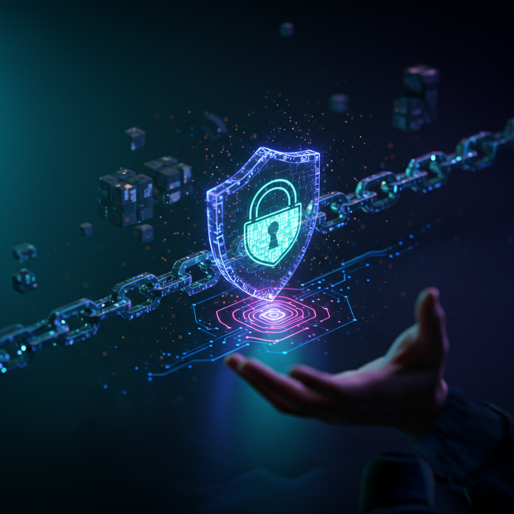 A visually appealing image depicting interconnected security layers or a shield protecting a blockchain network with abstract digital elements.