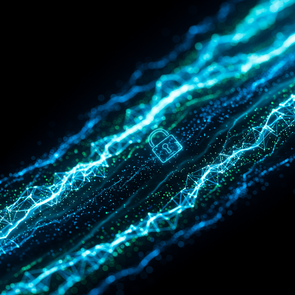 An abstract visual representing the security of a blockchain network, featuring cryptographic locks and interconnected blocks.